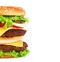 Big royal appetizing burger, hamburger, cheeseburger close-up isolated on a white background