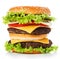 Big royal appetizing burger, hamburger, cheeseburger close-up on a white background