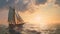 Big Sail Boat Sailing In The Ocean At Sunset - Hyperrealistic Rendering In 8k Resolution