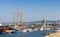 Big sailing ship and pleasure boats moored in Varna Port