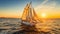 Big sailing ship at sunset sailing through the sea with a blue and orange sky on the background. Large sailing yacht sailing on