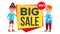 Big Sale Banner Vector. School Children, Pupil. Funny Character. Up To 50 Percent Off Badges. Isolated Illustration