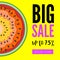 Big sale, bright banner with half past of watermelon on yellow backdrop. Get up to seventy five percent discount. Summer