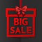 Big sale. Bright holiday gift box frame banner hanging with red ribbon and silky bow on dark background. Vector illustration