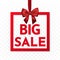 Big sale. Bright holiday gift box frame banner hanging with red ribbon and silky bow on transparent background. Vector