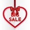 Big sale. Bright holiday heart frame banner hanging with red ribbon and silky bow on white background. Vector illustration