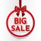 Big sale. Bright holiday round frame banner hanging with red ribbon and silky bow on white background. Vector illustration