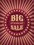 Big Sale circus template of stock banner. Up to 50 percent off promotion. Brightly glowing retro cinema neon sign. Circus style