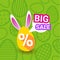 Big Sale On Easter Holiday Greeting Card Poster Discounts Banner Egg With Bunny Ears On Green Background