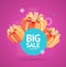 Big Sale Poster Banner Card with Realistic Detailed 3d Present Box and Abstract Memphis Style Elements. Vector