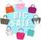 Big sale poster with womens bags. Discount, special offers promotion, shopping advertisement