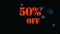 Big sale promotion video. Text explodes into light particles with 50% off text shown at the end. Black background with yellow and