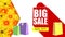 Big sale shopping bag with long shadow. Selling banner, discount fifty percent on yellow button backdrop with colored