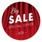 Big sale sticker or banner. Special offer. Fifty percent off. Realistic red curtain background. Vector illustration.