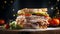 Big sandwich with baked turkey, green salad, tomato and cucumber slices on dark background.