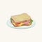 Big sandwich with slices of cheese, sausage, fresh tomato and greens. Fast food concept. Delicious snack. Traditional