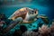 Big sea turtle gracefully swimming among vibrant coral reefs