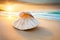 big seashell on sandy tropical beach, sea or ocean in the background, beautiful sea landscape, tropical paradise created