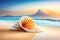 big seashell on sandy tropical beach, sea or ocean in the background, beautiful sea landscape, tropical paradise created