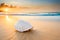 big seashell on sandy tropical beach, sea or ocean in the background, beautiful sea landscape, tropical paradise created