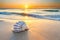 big seashell on sandy tropical beach, sea or ocean in the background, beautiful sea landscape, tropical paradise created