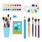 Big set or art supplies for painting and drawing. Different brushes, eraser, pencil, paints, color palette and painting