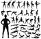 Big set of black silhouettes of woman doing fitness workout.