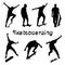 Big set of black skateboarder silhouettes. Skate trick ollie. Skateboarder is rides, pushes off the ground, jumping, standing on