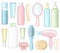 Big set of bottles for cosmetics, combs, hair dryer, curlers and hairpin