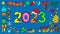 Big set of Christmas bright design elements in doodle style. 2023