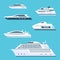 Big set of cruise ship flat vector icons. Beautiful elite  luxury ship at sea. Illustration collection of ocean transport yacht in