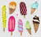 Big set of cute cartoon hand draw ice creams stickers. cute stickers, patches or pins collection. ice cream colored time