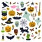 Big set of cute Halloween clip art. Angry pumpkins, bats and other elements and animals.