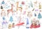 Big set cute watercolor cartoon animals and spruce tree. Watercolor hand drawn illustration. New Year 2020 holiday drawing