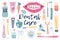 Big set of dental care, oral hygiene. Dental floss, chewing gum, paste, snow-white smile, apple. Hand drawn Vector isolated icons