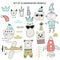 Big set of diferent cartoon animals. Cute handdrawn kids clip art collection. Vector illustration