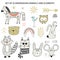 Big set of diferent cartoon animals. Cute handdrawn kids clip art collection. Vector illustration