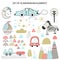 Big set of diferent cartoon animals. Cute handdrawn kids clip art collection. Vector illustration