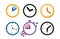 Big set of different color clock icons. Alarm clock, stopwatch.