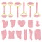 Big set of different gua sha stones and rollers are made of rose quartz. Facial gua sha scraping massage tools. Home beauty