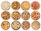 Big set of different pizzas: Ham with mushrooms, Barbecue, Peperoni`s, Mexican, Chicken