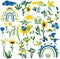 Big set elements in yellow and blue colors, leaves, flowers, sunflower, wheat, rainbows, bird. Sunny days. Heart and