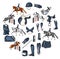 Big set of equipment for the rider and ammunition for the horse rider on horse illustration in cartoon style