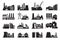 Big set of factory  plant constructions black icons isolated on white. Industrial buildings pictograms