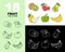 Big set of fruit icons, black line, white line icons and colored icons. Templates, print, vector