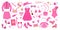 Big set of glamorous trendy pink clothing, cosmetics, accessories, shoes, telephone, diary.