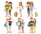 Big set group of diverse flat cartoon characters people travelers tourists in different poses