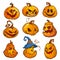 Big set of halloween pumpkins with Jack O`Lantern face, vector illustration.