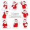 Big set of hand drawing santa clauses and text merry christmas