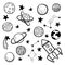 Big set of hand drawn doodle space elements space, rocket, star, planet, space probes black and white isolated on background.